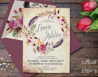 boho wedding invitation printable watercolor floral wedding invitations bohemian wedding floral wreath invite vintage romantic bridal shower