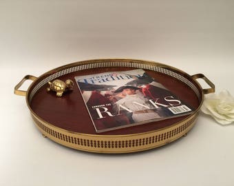 Round Brass and Woodgrain Tray