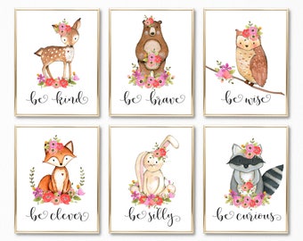 Nursery Decor. Nursery Prints. Nursery Art. Girl Nursery Art. Girl Nursery Prints. Be Brave Be Kind Be Clever Be Wise Be Curious Be Silly
