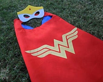 Wonder Woman Cape & Mask - kids cape, superhero red/blue satin cape w/ velcro closure, halloween costume, dress up, girls birthday party