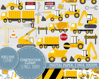 Construction Clipart Set, 30 PNGs, 5 Construction Trucks Digital Paper JPGs, Commercial Use, construction vehicle clipart, tractor vehicles