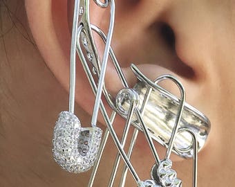 Accurate Harley Quinn Silver Ear-Cuff. Suicide Squad. Harley Quinn cosplay accessories. Wrap part with two Cubic Zirconia (C.Z) safety pins
