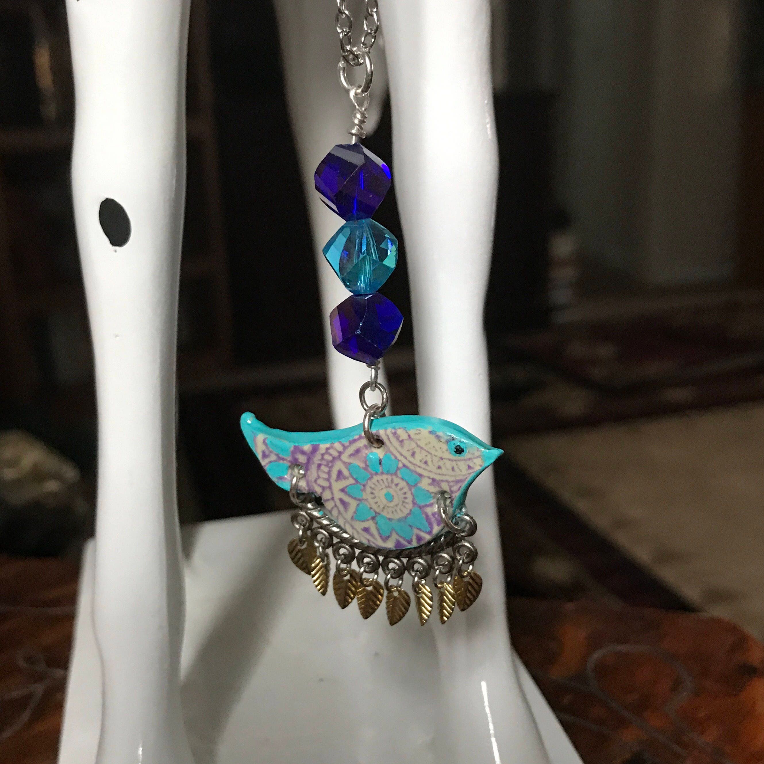 Bird Necklace Polymer Clay Necklace with Leaf Charms Turquoise