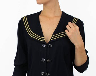 80s Navy Nautical Sailor Top Blouse Lightweight Double Breasted Jacket S / M