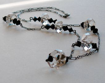 Vintage Art Deco Lavalier Necklace Faceted Czech Rock Crystal Clear Quartz and French Jet Sterling Chain 1920s