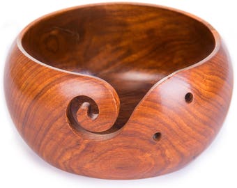 Wooden Yarn Bowl for Knitting & Crocheting in Velvet Bag – Handcrafted 6x3 inch Skein Holder to Keep Yarn Clean