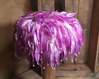 Vintage Purple Feathered Pillbox Hat beaded flapper Art Deco 1960s