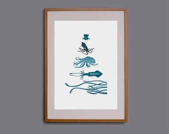 Picture of octopus, octopus print, squid print, octopus illustration, octopus wall art, squid wall art, marine art, octopus drawing, giclee