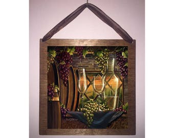 8x8 Evening in Tuscany Wine Grapes Barrels Home Decor Sign with Choice of Black Wire or Brown Ribbon for Easy Hanging