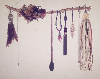 Seaweed clad driftwood jewellery display wall hanging
