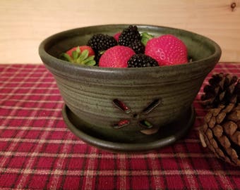 Slate green berry bowl, pottery berry bowl, pottery colander