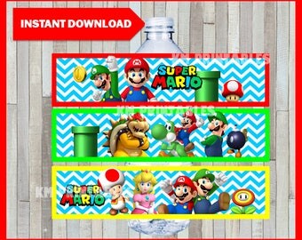 Printable Mario Bros Water Bottle labels instant download, Mario Bros party bottle labels, Printable Mario Bros Bottle labels