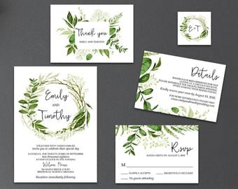 4-Piece Suite-Greenery Wedding Invitation Templates, Printable Garden Foliage Wreath Wedding Invitation Suite (Emily), Editable Text