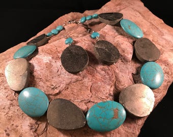 Pyrite and Turquoise statement Necklace and Earrings