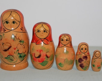 Nesting Dolls, Vintage Russian Nesting Dolls, Babushka, Matryoshka, Set Of 5, 1960's Vintage Russian Nesting Dolls, Stamped Nesting Dolls