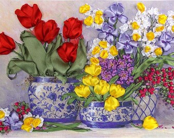 Ribbon embroidery kit, Spring tulips, Full kit, DIY, gift idea, needlepoint kits, gift for women, Handmade Supply