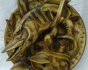 3D wooden carving plate, home decor, fish