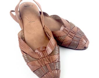 VTG huarache sandals brown genuine leather flat shoes strapy womens mexican