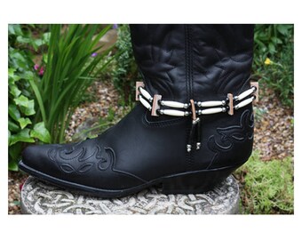 Native American style bone hair pipe choker boot straps, Indian style black white bead boot straps cowboy western biker festival boot straps