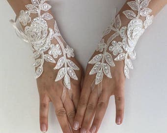 EXPRESS SHIPPING Wedding gloves beaded pearls White or Ivory bridal gloves lace gloves fingerless gloves french lace gloves