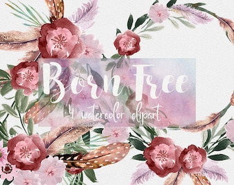 Boho clipart, floral clipart,feathers clipart,flowers clipart,watercolor clipart,wedding clipart, logo clipart, wedding diy,bohemian clipart