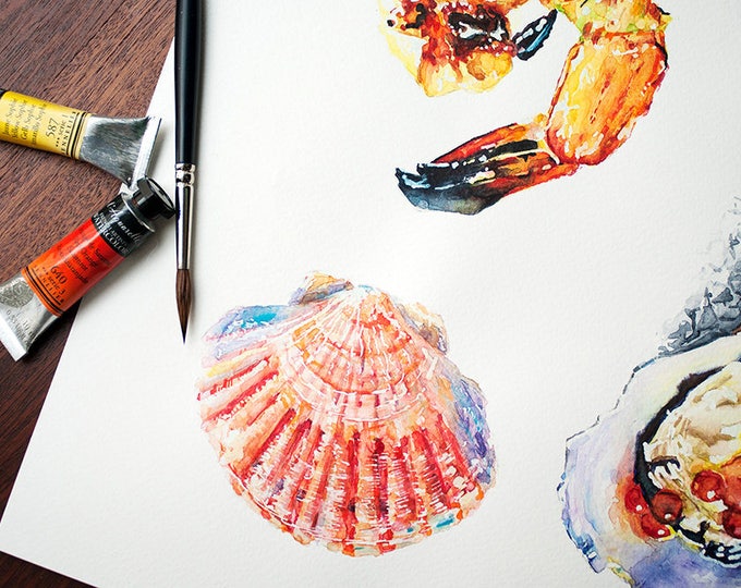Sea foods Painting ORIGINAL, Watercolor sea foods art, Shrimp Painting, Scallop Shell, Mussel, Oyster Painting Sea foods watercolor, Seafood