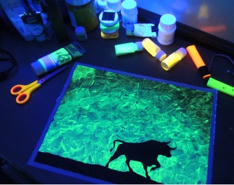 Original Glow in the dark painting "Virile Bull", Bull Silhouette Painting, 12x16" Turquoise shade bull painting