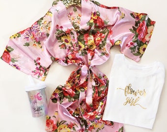 Flower Girl Robe, Flower Girl Gift Ideas, Kids Robe, Floral Flower Girl Gift, Spa Party Robes,Kids Satin Robe,Flower Girl Gifts,Girls Robe