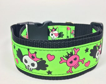 XL Dog Collar Rock 'n Roll Skull 2" Wide Dog Collar Neon Green Handmade