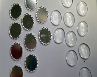 10 blank oval silver border and glass cabochon 19 x 14 mm