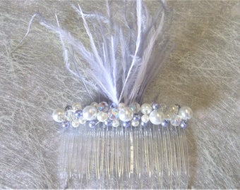 Hair comb wedding accessory bridal comb hair feathers and pearls blueish grey and white