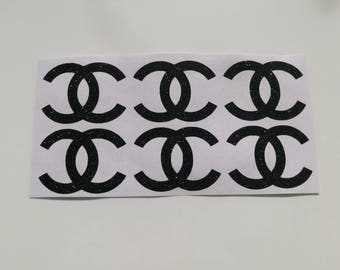 Chanel stickers glitter, designer inspired decals, gold glitter chanel logo, black sparkly chanel decor, silver envelope seals