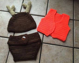 crochet deer costume, hunter costume, baby deer, deer hat, deer hunter costume,