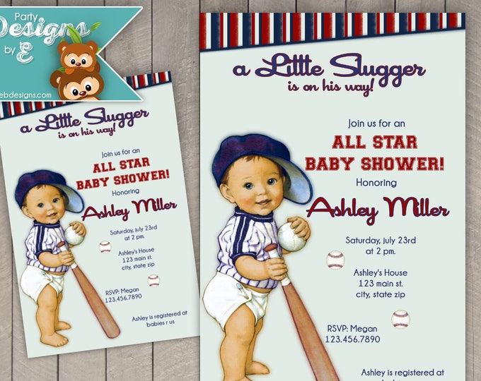 Vintage All Star - lil Slugger Baseball Baby Shower Invitation - Little Slugger Baby Shower invitation - girl or boy little sluuger invite