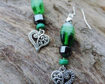 Heart Earrings in Tibetan silver, hematite and green glass bead. Sterling Silver bail.