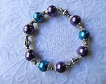 Teal, purple and silver stretch bracelet