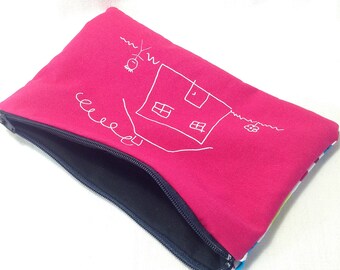 Pouch / clutch case screen printed design and vintage fabrics