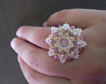 flower woven seed bead and swarovski ring