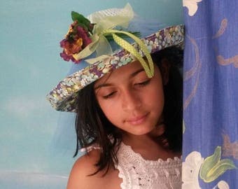pale blue cotton crochet girl hat and flower print