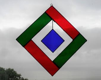 Stained glass blue hanging square suncatcher