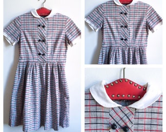 50s Vintage || Dress || Peter Pan Collar || Plaid Dress || Full Skirt Dress || Front Button Dress || Size S-M