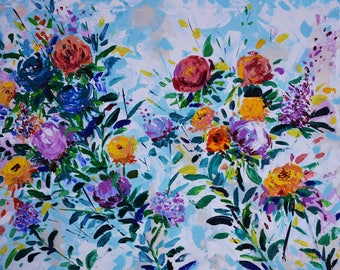 Originale Pittura a olio su tela The Blue Flowers,grandi dipinti floreali,regalo per donne moglie,Abstract Art,Modern Art, fiori freschi