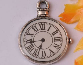 breloque horloge/montre à gousset en métal argenté 24x18.5mm