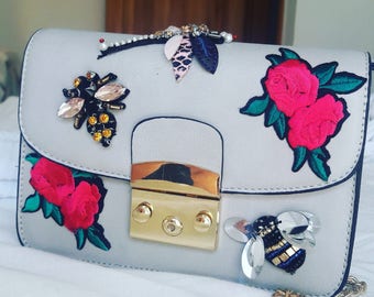 Grey Bag with Gold Chain & Patching Detail