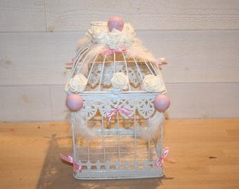 Powder Pink White birdcage wedding urn and feathers