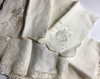 4 Vintage Hankerchiefs Off White Lacy Floral