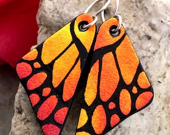 DICHROIC EARRINGS Butterfly Wings Autumn Orange Hand Etched Fused Glass with Sterling Silver Hooks