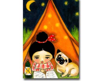 Pug painting CAMPING under the stars Cute ORIGINAL pug portrait painting camping in a tent dog folk art by Tascha