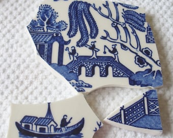 Mosaic Tiles Focal Tiles Blue Willow Bridge w Lovers, Father, Man Fishing Boat, Fence, Vintage Broken Plate Tessera