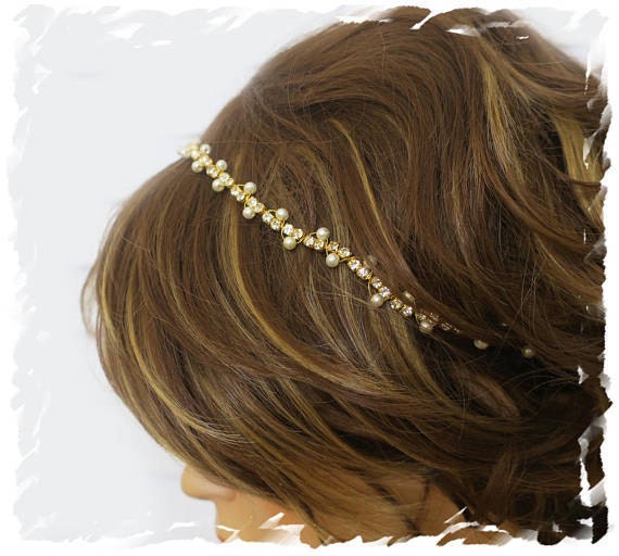 thin gold headband with rhinestone and pearls, wedding hair accessory